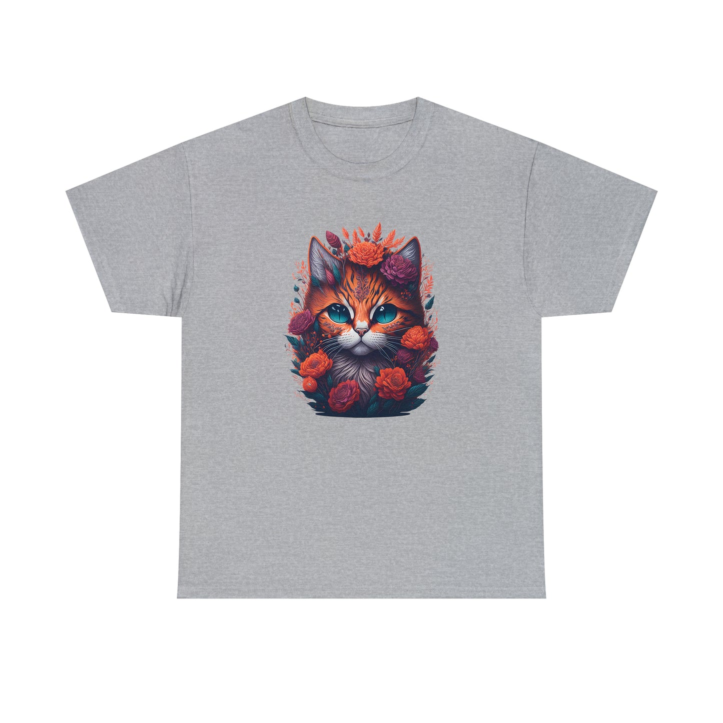 Unisex T-Shirt rote Katze und Blumen